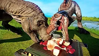 🌍 Jurassic World Evolution - Tyrannosaurus Rex Vs Spinosaurus Vs Indominus Rex Eating Together