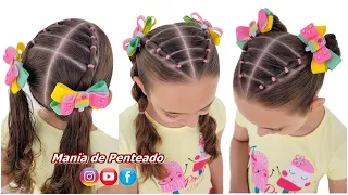 Penteado Infantil Fácil com Liguinhas e Maria Chiquinha | Easy Two Ponytails Hairstyle for Girls 🥰