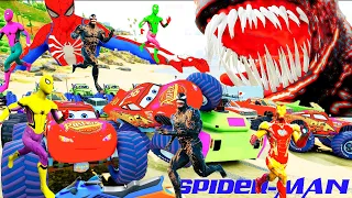 xe cứu hỏa cùng người nhện đỏ giải cứu siêu nhân, spiderman racing cars down monster truck mcqueen