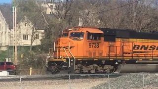 BNSF 9738 SD70MACe former BN and 6333 going through Parkville MO 4/1/21