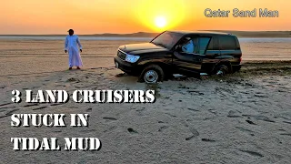 3 Toyota Land Cruisers stuck in tidal mud at sealine, recovered, winch rope snaps,  سيلين , العديد