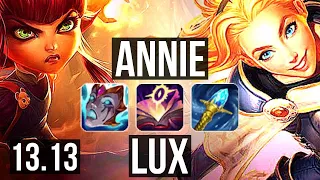 ANNIE vs LUX (MID) | 12.4M mastery, 9/1/9, 2800+ games, Legendary | NA Master | 13.13