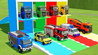 TRANSPORTING MERCEDES MINI BUS, VOLKSWAGEN POLICE, FORD POLICE, MERCEDES FIRE TRUCK TO GARAGE | FS22