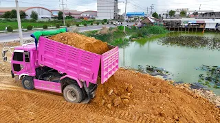 Part 2.UPDATE!! Landfill up Process Fill the Pond by Dozer D20p KOMATSU Push  Soil & Dump Truck 5T