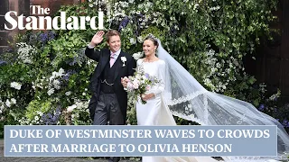 Duke of Westminster waves to crowds after marriage to Olivia Henson