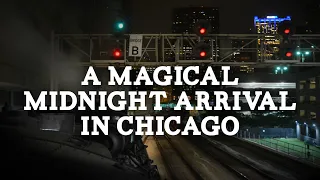 Magical steam locomotive arrival in Chicago at night