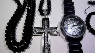 COMBO: $165 "Adjustable" Black Diamond bead type Chain + See-Thru Watch +Bracelet +Cross! LAB