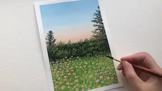 Gouache Real Time Tutorial | How to Paint a Field of Pink Flowers