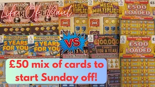 £50 mix of scratch cards, £50 of £5 cards, maybe today will be the day I win big!