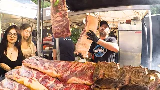 Street Food from the USA. Huge Cuts of Texan Meat on Grills, Pulled Pork, Burgers, Hot Dogs & more
