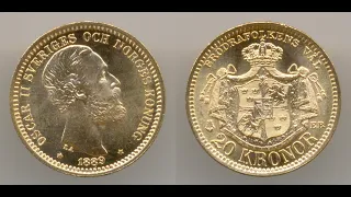 Нумизматика. Золотая монета. Швеция, 20 крон 1889 года.  Very Choice Uncirculated.