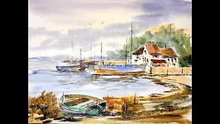 Suffolk/Essex Boats and Harbor Loose Watercolor Painting with Hake Brush using Ron Ranson Technique