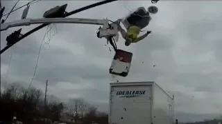 Truck sends worker flying after hitting bucket truck