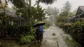 [4K] Heavy Rain in Pangandaran Village Area |  Rainy Day In Indonesia | Walking in the Rain