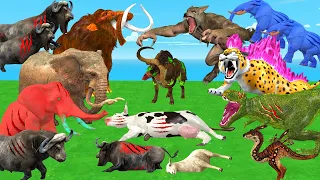 10 Zombie Tiger vs 5 Giant Dinosaur attack 8 Baby Cow vs Buffalo Save by 5 Woolly Mammoth Elephant