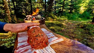 CAMPING after Storm,  cooking meatloaf in Forest (Relaxing sounds, Nature, ASMR )