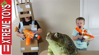 Invasion of the Giant Bullfrog! Nerf Terrascout Drone Battle. Ethan and Cole Vs Wild Reptile Toy!