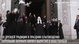 По древней традиции в праздник Благовещения Святейший Патриарх выпустил в небо голубей