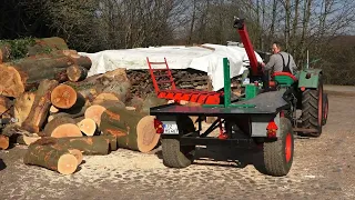 Holzspalter liegend - Eigenbau angetrieben durch Zapfwelle mit Kramer Traktor