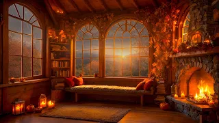 Enchanted Autumn Cozy Cabin Ambience, Rainy Day, Fireplace & Rain Sounds - Relaxing Piano Music 🎵