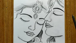 how to draw lord radha and krishna easy pencil sketch drawing,how to draw lord krishna & radha,