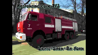 *Unknown quiet siren* Engine 701 (КамАз 53228) Responding code 2/3. Lights demo+ air-horns.