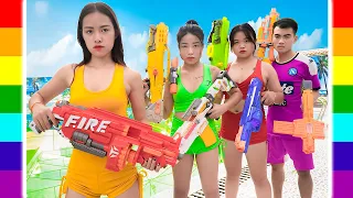 Clumsy Girl Engrossed In Smartphone PRANK BATTLE Three Girl Nerf Guns PVQ Nerf War