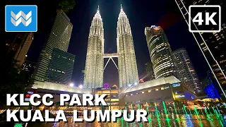 [4K] Petronas Twin Towers KLCC Park Water Fountain Show Kuala Lumpur Malaysia 🇲🇾 Night Walking Tour