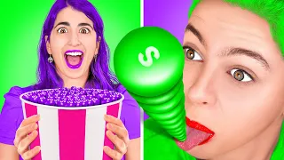 PURPLE VS GREEN MYSTERY ITEM CHALLENGE || Eating only 1 Color Food for 24 HOURS by 123 GO! CHALLENGE