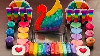 Mixing "Swan Rainbow" Makeup ,Clay,Parts into Slime.#asmr #slimecoloring #슬라임