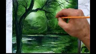 Little Pond | Green Landscape in 5 simple colors | oval brush painting techniques