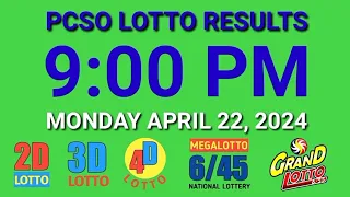 9pm Lotto Results Today April 22, 2024 Monday ez2 swertres 2d 3d pcso