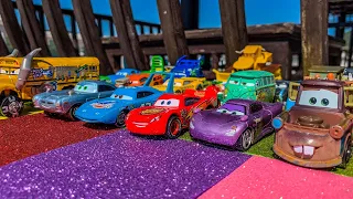 Disney Pixar Cars Lightning McQueen, Chick Hicks, Red, Sally, Miss Fritter, Fill More, Tow Mater.
