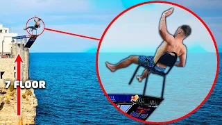 EPIC CHAIR FALLING trick from 20 meters | Cliff jumping at Crete