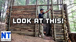Building a small log cabin with four walls & door frame in the woods NH DIY