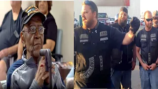 An old man was eating at a bus stop when three rough-looking bikers walked in