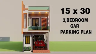 50गज में कार पार्किंग मकान का नक्शा,15x30 car perking 3 bedroom house design,15*30car parking house