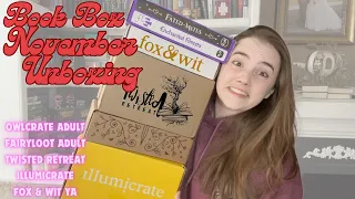 Massive Book Unboxing || Nov 2023 Book Boxes || Owlcrate, Fairyloot, Illumicrate, Twisted Retreat