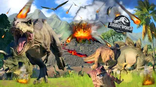 Dinosaurs escaping from erupting volcano in Isla Nublar + Being rescued,Jurassic world evolution 2