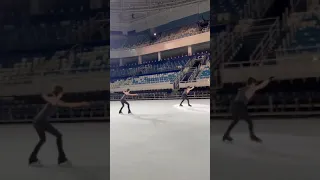 Evgenia Medvedeva doing skating practice with her friend