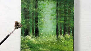 Easy Dreamy Firefly in Green Forest / Acrylic Painting on Black Canvas for Beginners #ASMR