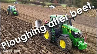 4Kᵁᴴᴰ John Deere 6R 250 & 6155R with Kverneland ploughs working near Saxted in Suffolk