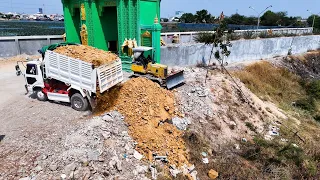 Best New Project!! 5T Dump Trucks Loading Rock Filling a Land Next To The Wall With Small Dozer