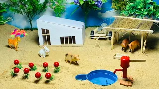 DIY mini farm diorama with house for cow, pig  -Mini Hand Pump Supply water pool for Animals #3