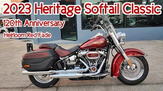 Heritage Softail Classic 2023 120th Anniversary Heirloom Red Fade Walkaround Close up details