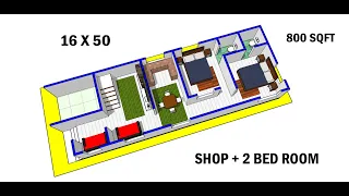 16 x 50 house design II 16 x 50 ghar ka naksha II shop & 2 bed room house design