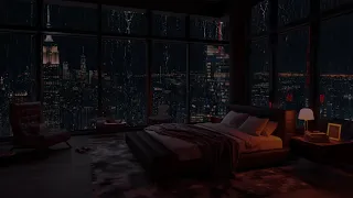 Watching The Rain In The City In The Middle Of A Heavy Rainy Night, Relaxing In The Dark Space