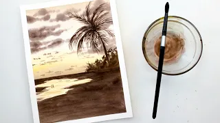 How to paint beach and palm tree with watercolors - easy painting tutorial for beginners