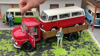 1:18 Mercedes-Benz L911 flatbed truck with canvas, ruby red - Schuco [Unboxing]