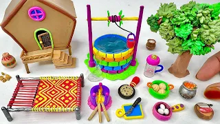 DIY How to make polymer clay miniature House ,Kitchen set, Water well, Charpai, Tree | Rainbow House